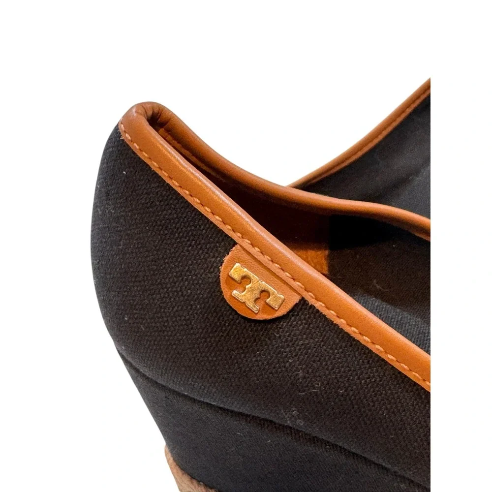 Tory Burch Majorca Espadrille Wedge Peep Toe Canvas Black/Tan EU 37.5 US 7
